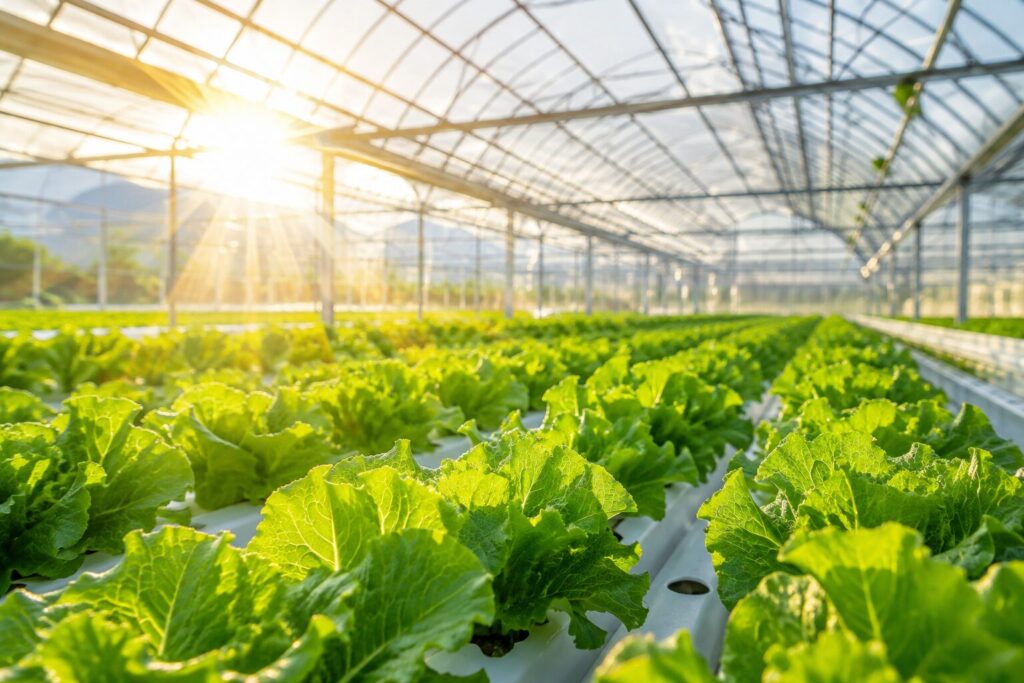 太陽の光を浴びて育つ水耕栽培の植物