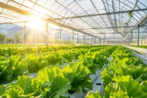 太陽の光を浴びて育つ水耕栽培の植物
