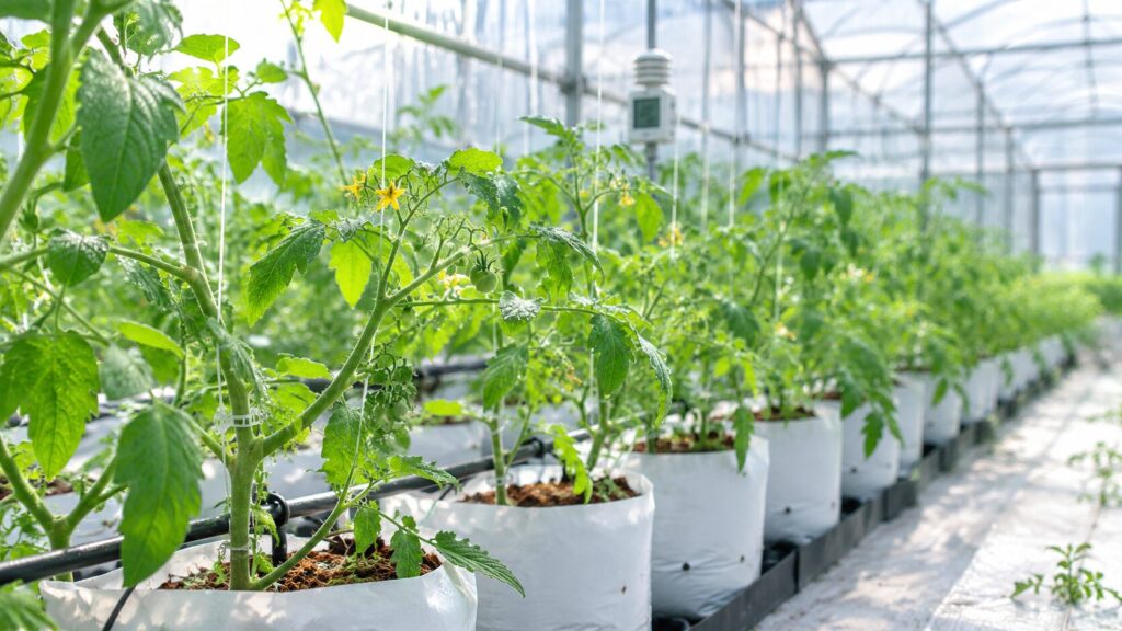 温度と湿度を管理しながら温室内で栽培される植物
